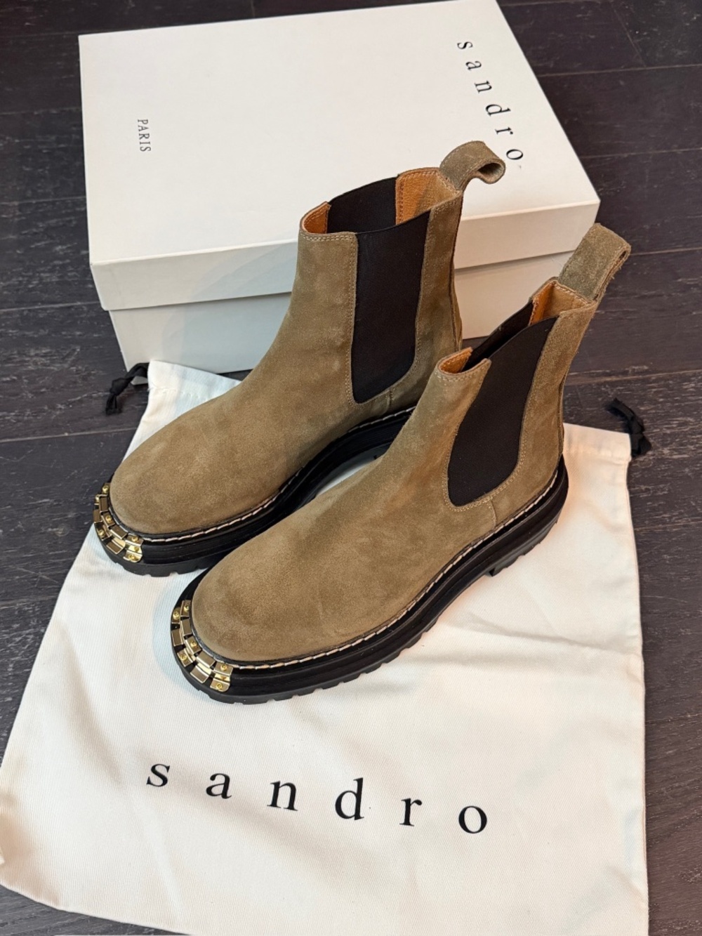 Sandro Paris NOHA Khaki Brown Suede Chelsea Ankle Boots Gold Metal Toe 38 womens